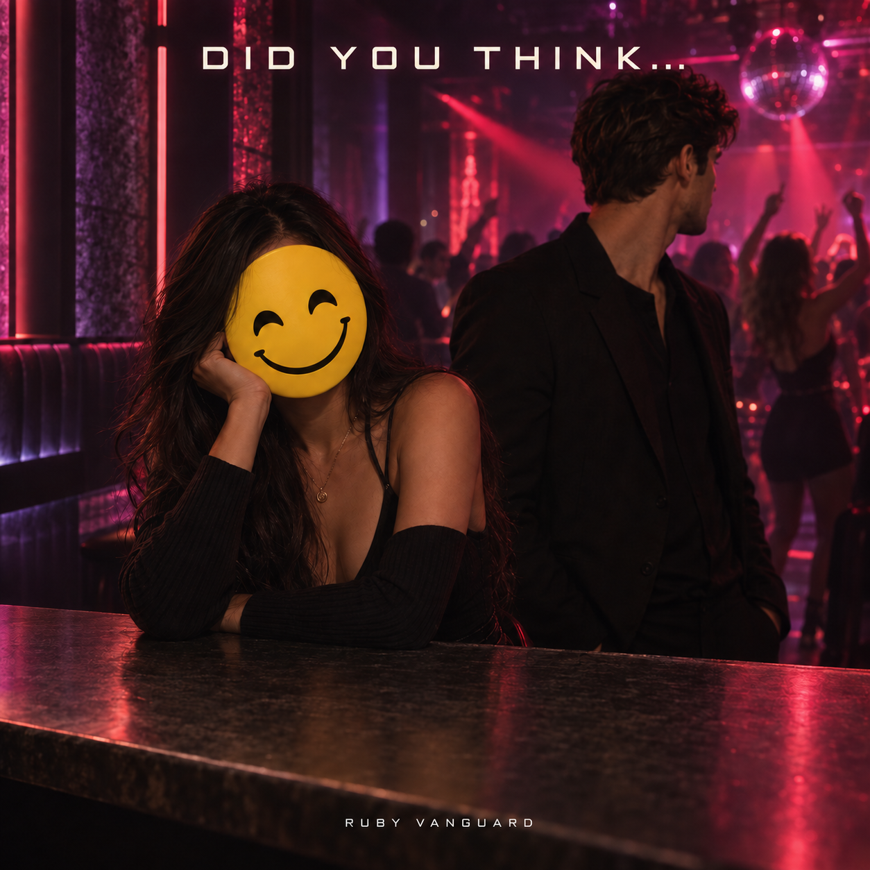 Did You Think… cover: a woman wearing a smiling yellow mask beside a man looking away in a red-lit club.