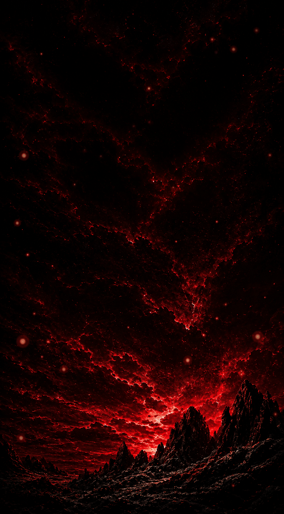 Jagged black terrain beneath a dark red sky, with lava-like light and floating ember-like orbs.