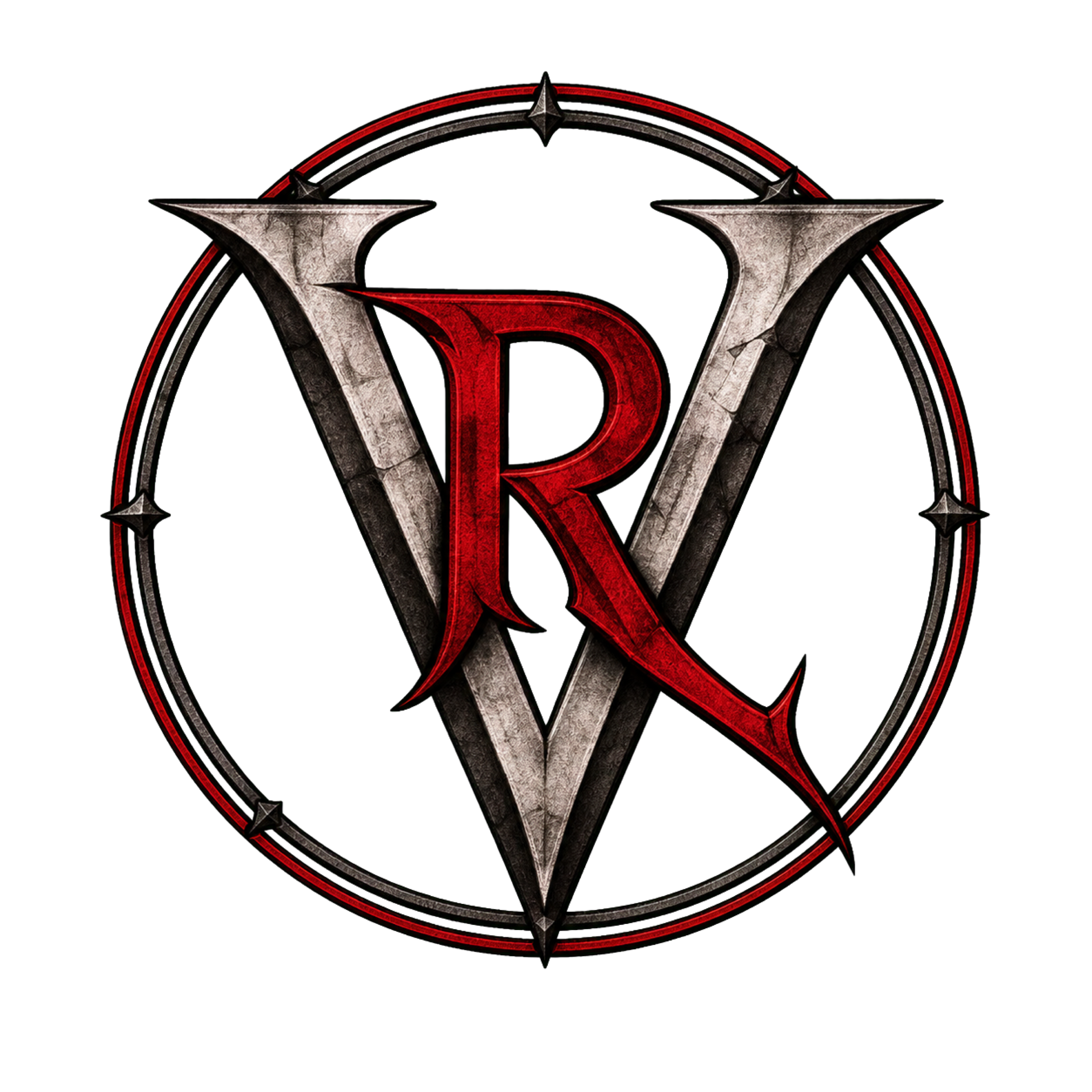 Ruby Vanguard’s circular emblem with an interlocking silver V and red R.